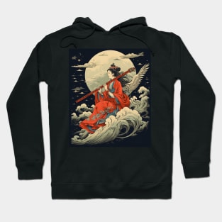 Japanese Retro Vintage Artwork Tengu Goddess Playing Flute Hoodie